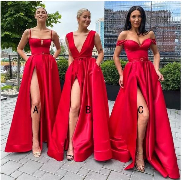2022 Vestidos de dama de honra vermelha de alta fenda vermelha colar de colarinho quadrado spaghetti strap bolso uma linha feminina longa festa vestido de festa vestidos b0603g010