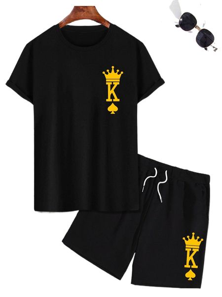 

men crown & playing card print tee & drawstring waist track shorts 37xp#, Gray