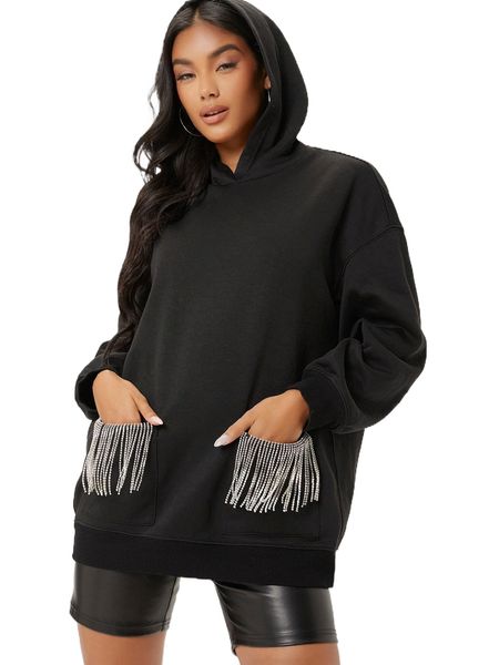 

drop shoulder fringe trim hoodie u2au#, Black