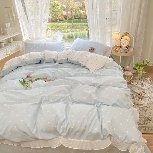 Kawaii Ruffle Bedding Conjunto Bonito Princesa Lace Queen Size Capa de Quilt 100% Algodão Conjunto de Luxo Luxado Folha de Cama com Caso Almofada