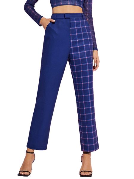 

x c-era plaid print high waist straight leg pants d9m7#, Black;white