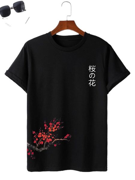 

men japanese letter & floral print tee j3iy#, White;black