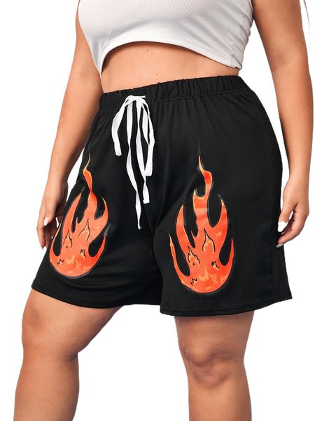 

plus fire print drawstring waist shorts 14ag#, Black
