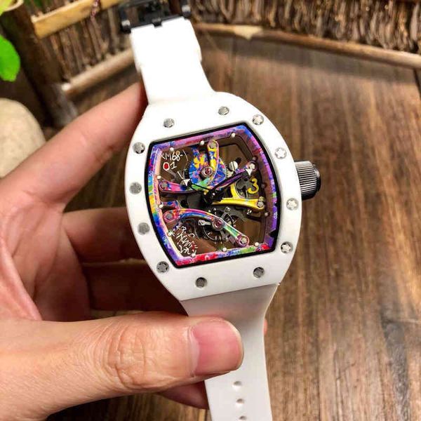 

watch date business leisure men's ceramic automatic mechanical watch hollowed out luminous fashion tape personalized graffiti trendy at, Slivery;brown