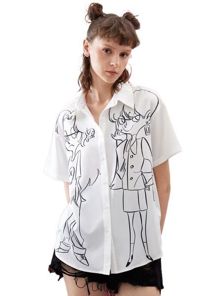 

x lam poon figure graphic button front drop shoulder blouse v3hc#, White