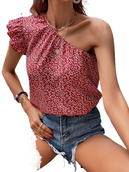 

plant print one shoulder butterfly sleeve blouse u4s6#, White