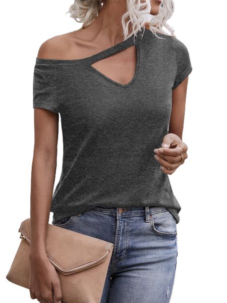 

solid cut out asymmetrical neck tee s0cr#, White