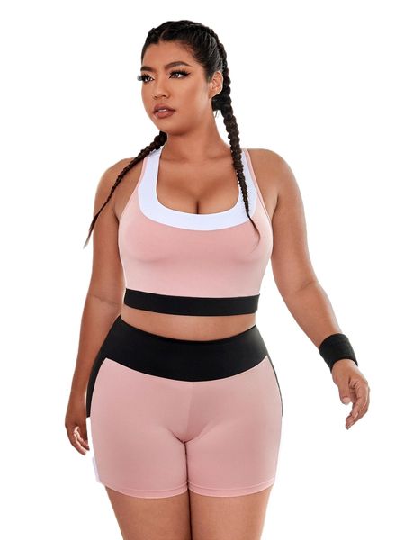 

plus four-way stretch colorblock racer back sports set 73bc#, Black
