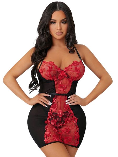 

flower embroidery mesh dress with thong s97w#, Black;red