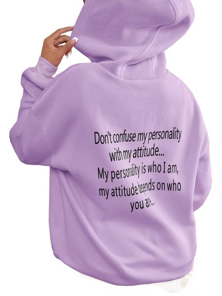 

slogan graphic drop shoulder drawstring thermal hoodie o57p#, Black