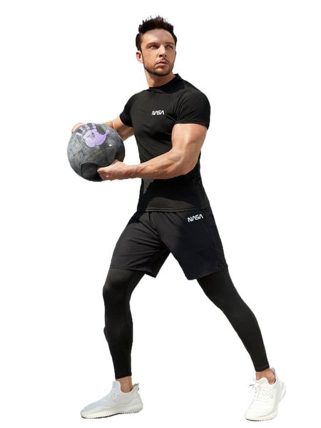 

men letter graphic sports tee & sports tights 20au#, Gray