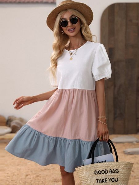 

cut and sew puff sleeve smock dress 96ok#, Black;gray