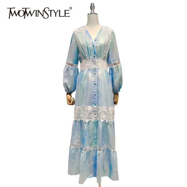 

blue patchwork lace dress for women v neck long sleeve high waist hit color elegant vintage dresses female 210423, Black;gray