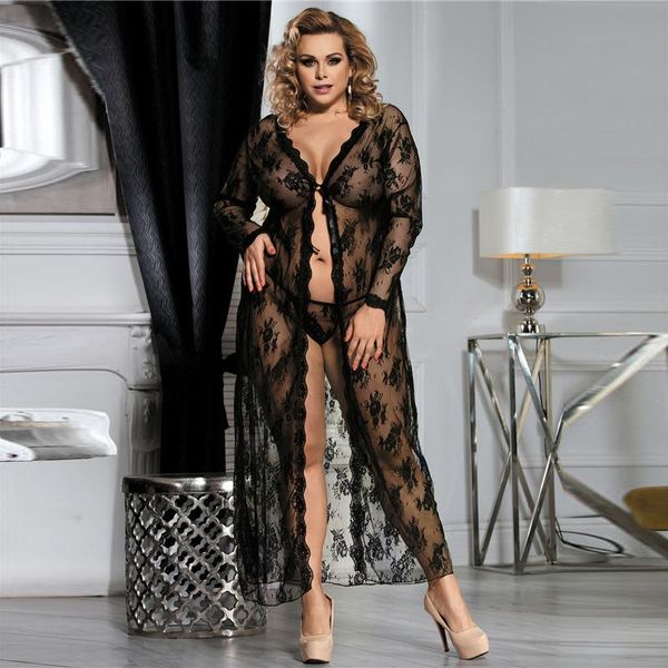 Vestido de dormir feminino vestido de manga longa de roupas de noite transparente de renda transparente mulher plus size caixa de caixas eróticas lingerie sexy rw80232women's