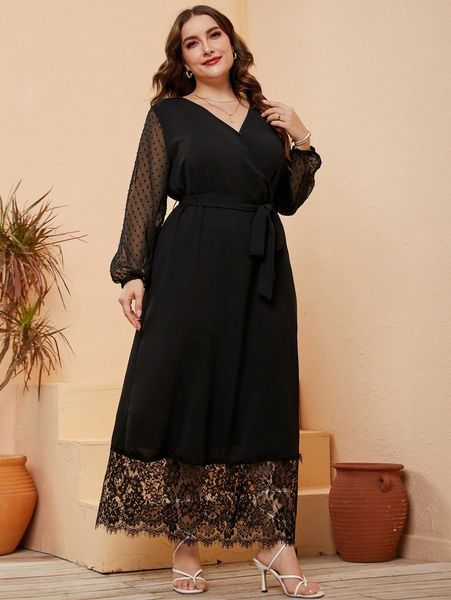 

plus swiss dot eyelash lace panel belted dress s6xm#, Black