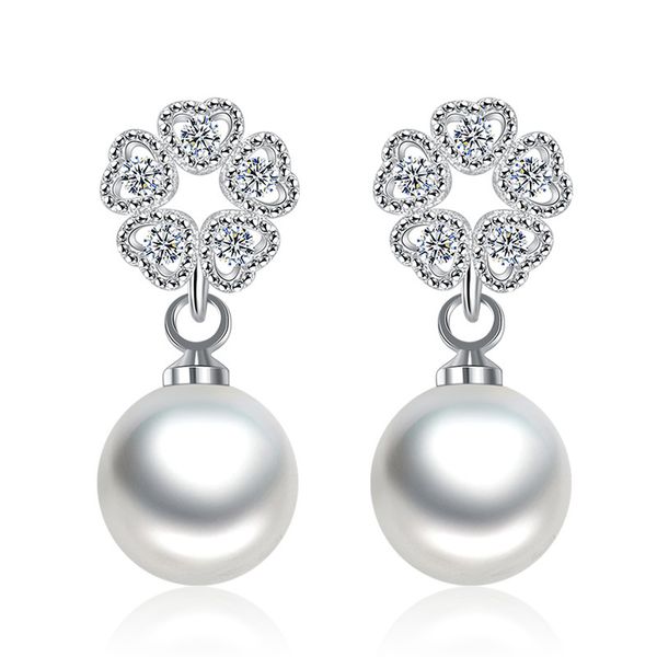 

fashion 925 silver 4 heart love designer stud earring asymmetrical shining crystal big luxury pearl pendant hoop sweet earring earings ear r, Golden;silver
