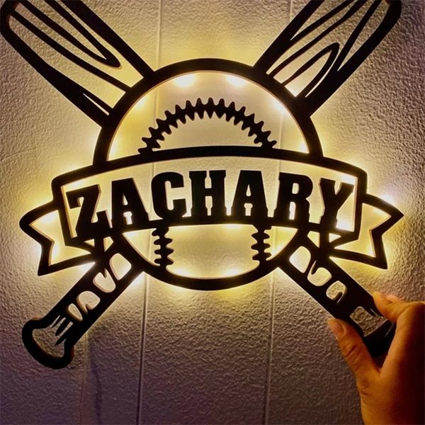 Nome personalizado LED Night Night Light Baseball Sign para entusiasta de beisebol Decoração de quarto de madeira personalizada Lâmpada de madeira 220623