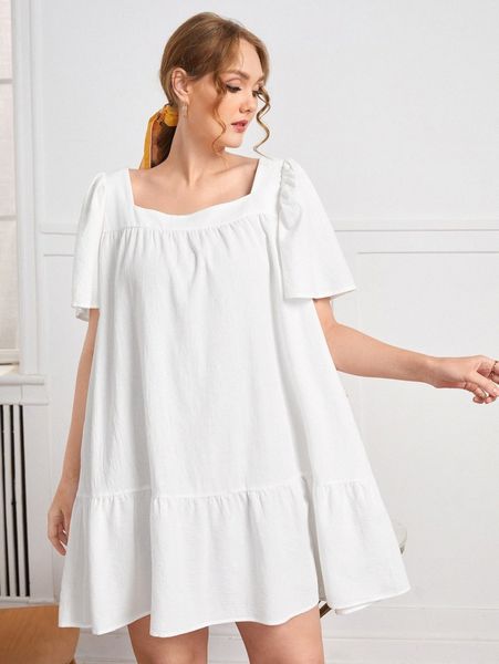 

plus square neck ruffle hem dress t9z3#, Black