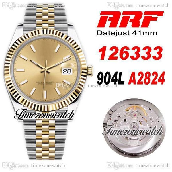 

arf 41 126333 eta a2824 automatic mens watch two tone yellow gold champagne stick dial 904l jubileesteel bracelet with warranty card super e, Slivery;brown