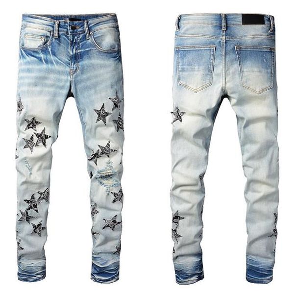 Мужские и женские дизайнерские джинсы Amirs, рваные байкерские тонкие прямые джинсовые брюки для мужчин с принтом, армейские модные мужские узкие брюки G6