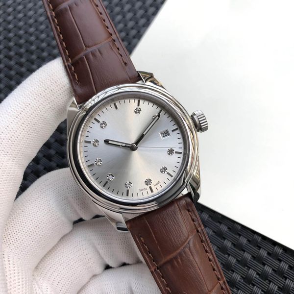 

men's watch mechanical automatic movement mineral super mirror cowhide strap stainless steel case ceramic dial surface diameter 40 thic, Slivery;brown
