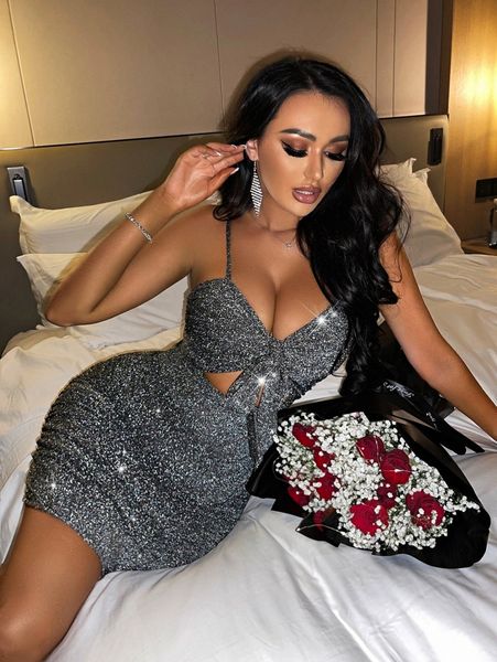 

sxy rhinestone cut out tie front bodycon dress s2cz#, Black;gray