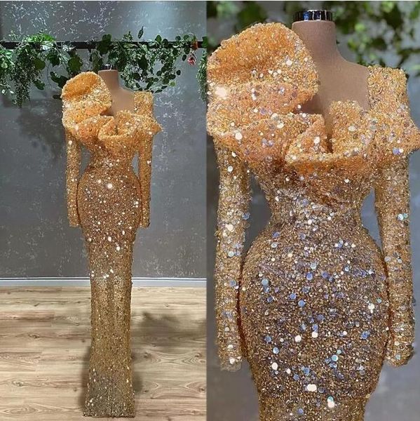 Glitter Gold Sequins Deniz Kızı Balo Elbiseleri 2022 Uzun Kollu Artı Süpürme Tren Arapça Kadınlar İçin Resmi Akşam Elbiseleri Vestdidos de Novia B0601W9