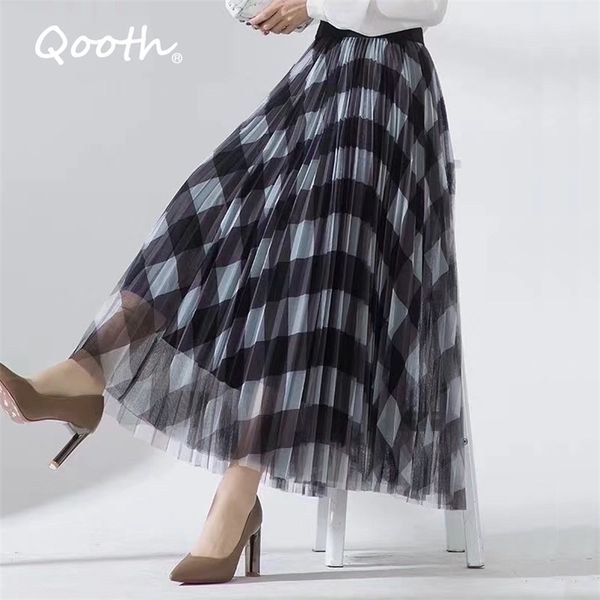 Qooth cute xadrez tule saia mulheres moda primavera verão escola coreana verificou cintura alta plissada maxi fêmea QH2227 220322