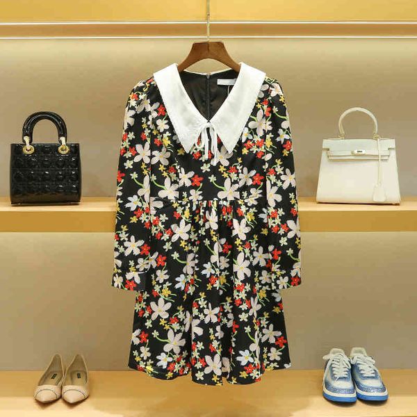 

family baby collar floral dress women's spring slim french medium length skirt, Black;gray