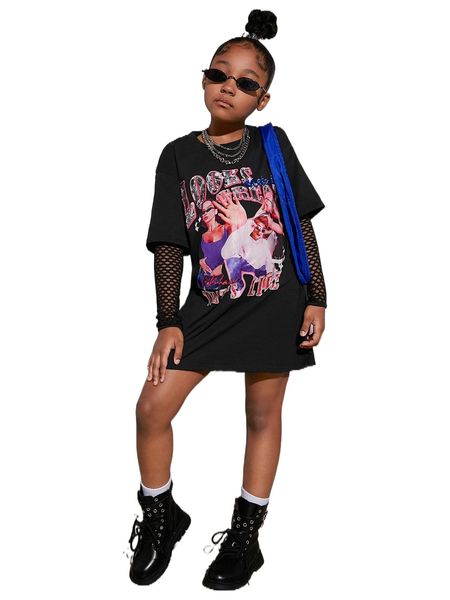 

girls fishnet mesh sleeve letter & figure graphic tee dress f5cw#, Black;white