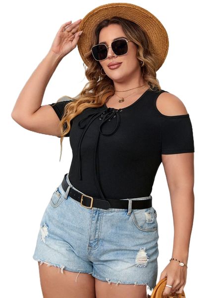 

plus grommet lace up cold shoulder tee 13sl#, Black
