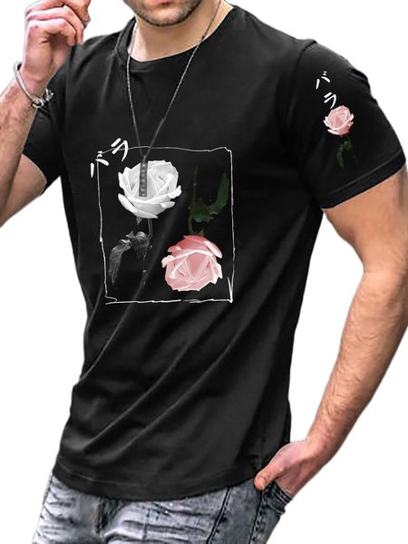 

men japanese letter & floral print tee j0um#, White;black