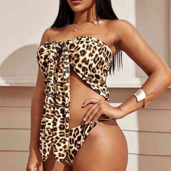 

split 2022 swimsuit female leopard print chest rope bikini bra, White;black
