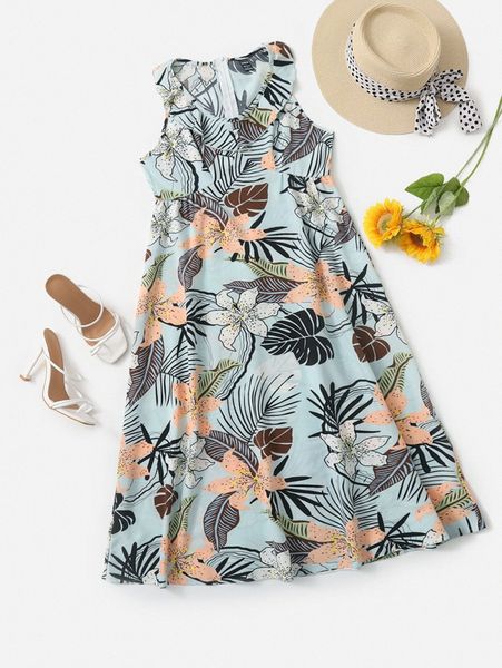 

tropical print ruffle trim dress n7dn#, Black;gray
