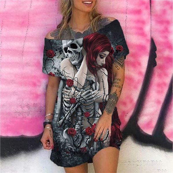 Gothic Schädel Floral Print Y2k Kleid Frauen Plus Größe Mode Lässig Kurzarm Punk Weg Von Der Schulter Mini Kleider Sommer 220621