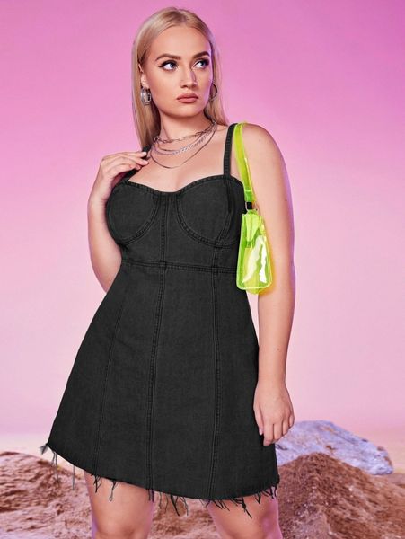 

plus raw cut bustier denim cami dress 77wu#, Black