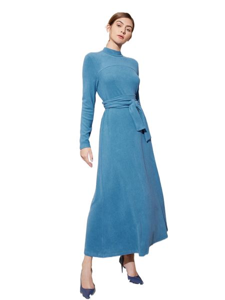 

x riza rehmani mock neck self belted dress y8e3#, Black;gray