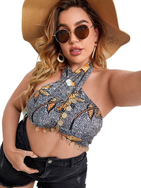 

plus leaf print contrast sequin backless crop halter 48ub#, Black