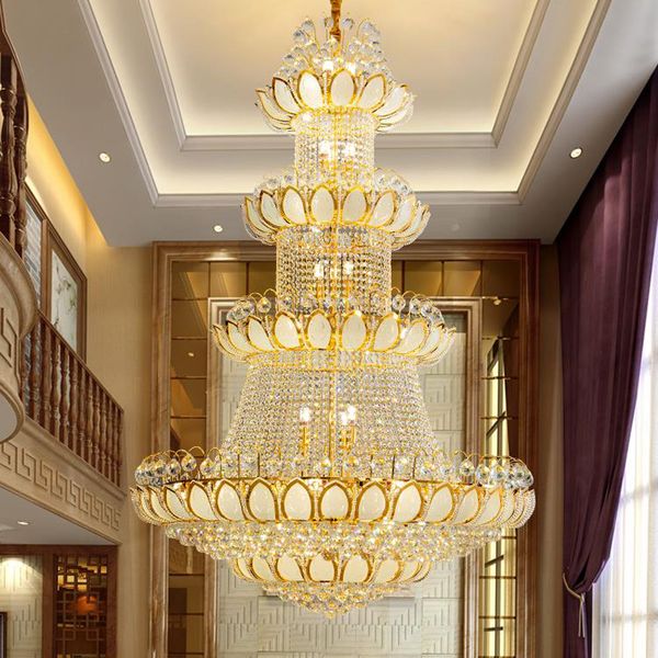 Lustres de cristal de lótus dourados lideram modernos lustres longos modernos lustres de lustre europeu de flor europeia lâmpadas penduradas temple villa home iluminação interna d150cm