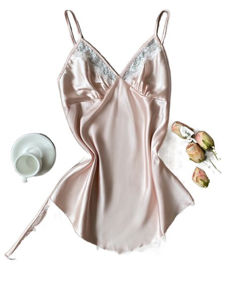 

contrast lace satin nightdress 594s#, Black;red