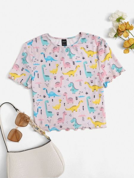 

letter & dinosaur graphic lettuce trim crop tee b1cf#, White