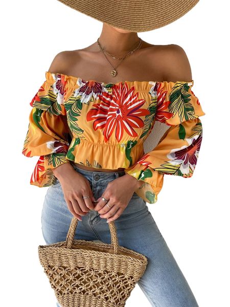 

tropical print off shoulder gathered sleeve peplum blouse c0zj#, White