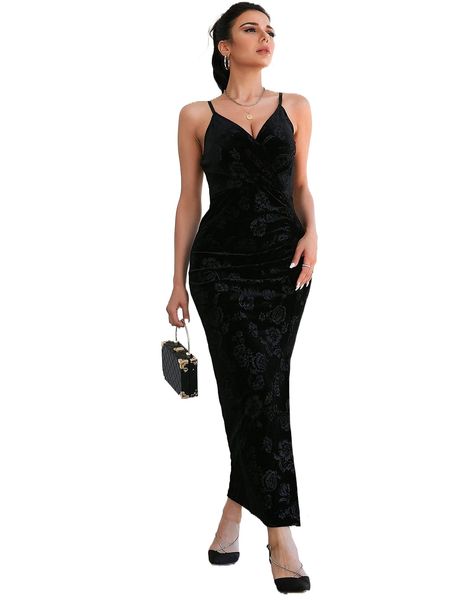 

floral jacquard split thigh velvet cami bodycon dress y7gj#, Black;gray