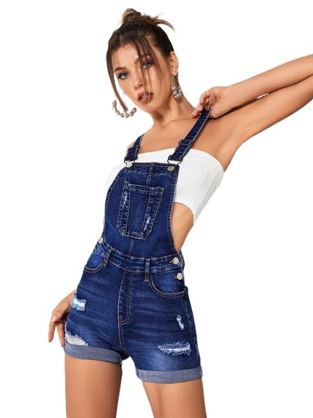 

ripped roll up hem denim overall romper without tube 98kx#, Black;white