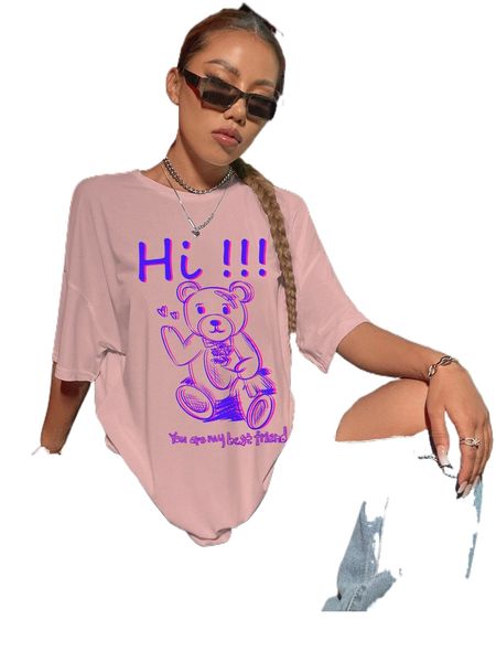 

bear & slogan graphic drop shoulder tee v7ze#, White