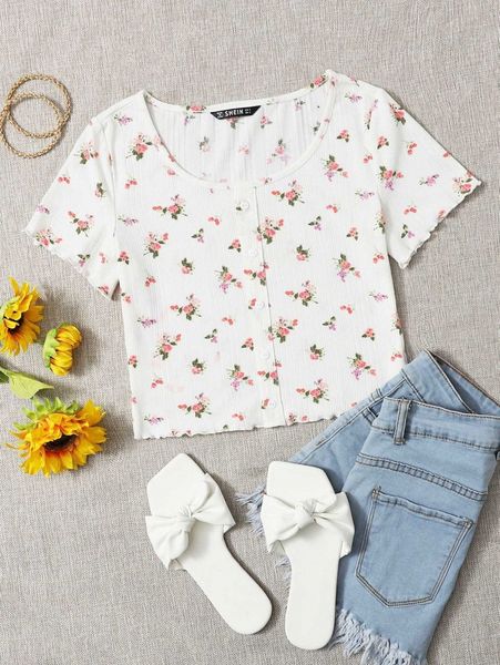 

floral print ribbed button-up tee d1ii#, White