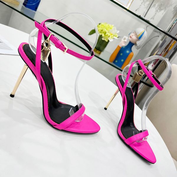 

padlock embellished smooth heeled sandals naked stiletto heels ankle wrap women party shoes .5cm metallic heel leather outsole luxury desi, Black