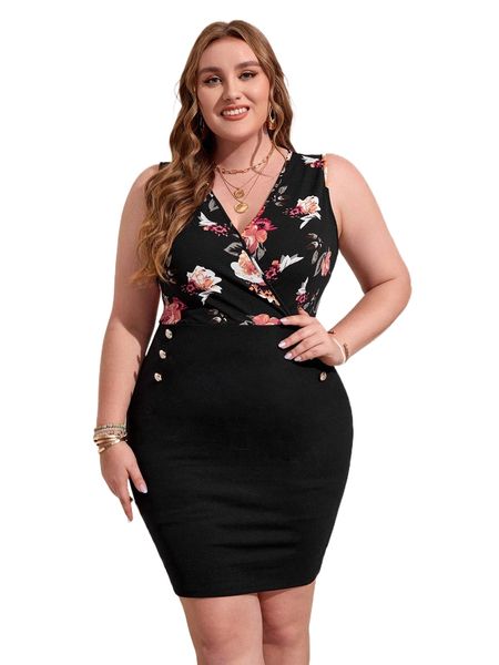 

emery rose plus floral print button detail bodycon dress e7ji#, Black