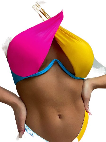 

color block push up halter bikini 570a#, White;black