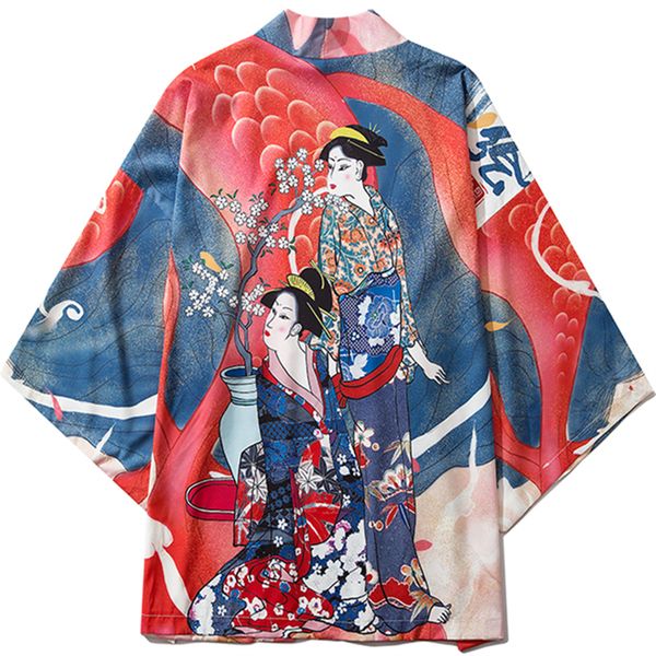 

japanese ukiyoe printed kimono yukata women harajuku hip hop fashion casual cosplay jacket summer loose cardigan kimono men, Red